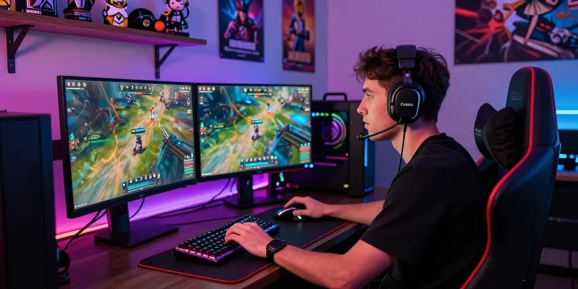 Gamer enjoying intense gameplay at a stylish setup featuring rokok88 login, RGB lights, and high-performance gear.