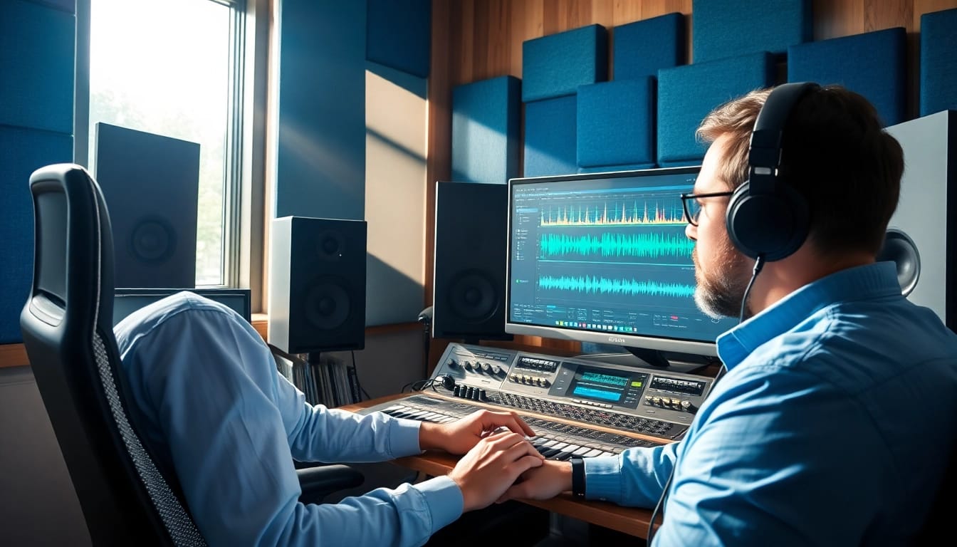 Engineer mastering audio tracks professionally, showcasing online audio mastering techniques.