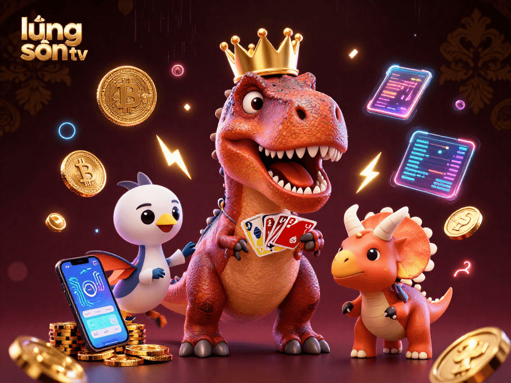 Experience thrilling gaming with lương sơn tv featuring a playful T-Rex and friends shuffling cards and stacking chips.