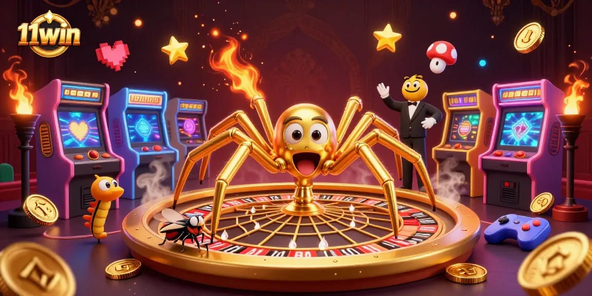 Experience exciting games at 11win with a dynamic cartoon casino scene featuring a spider and croupier.