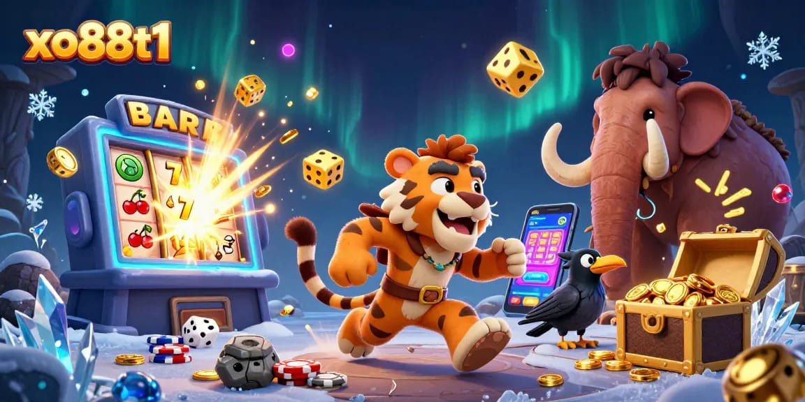Experience thrilling gaming fun with xo88t1's vibrant prehistoric casino scene bursting with excitement.