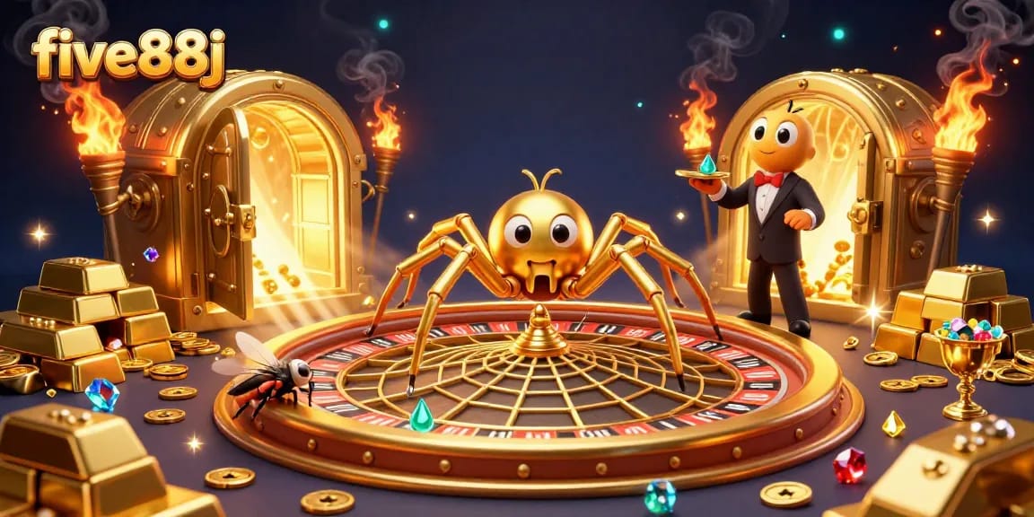 five88j showcases a dynamic casino scene with a spider, a fly, and a centipede croupier.