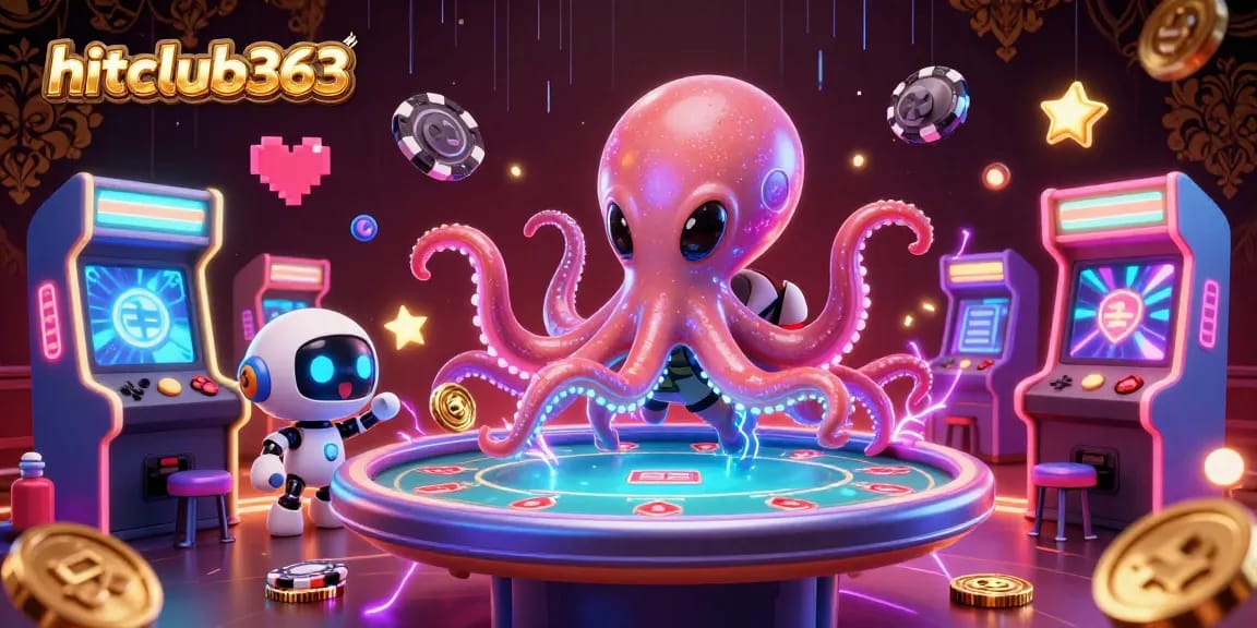 Engage with hitclub363 at a vibrant holographic poker table run by an alien octopus amidst dynamic casino elements.