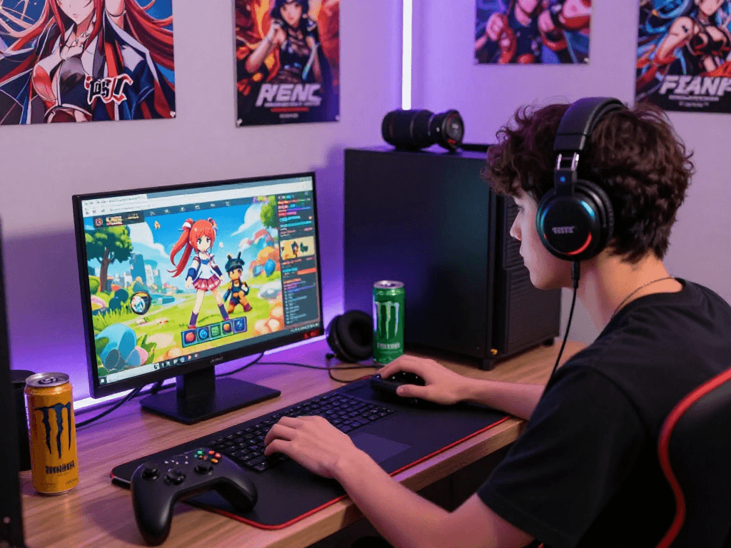 Engaged player enjoying hentai games on a laptop in a cozy gaming room.