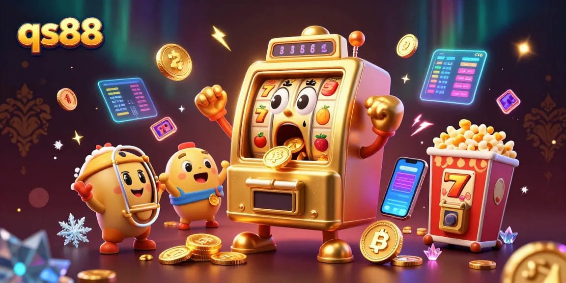 Spin to win with qs88 as the slot machine hits a jackpot surrounded by cheers and crypto elements.