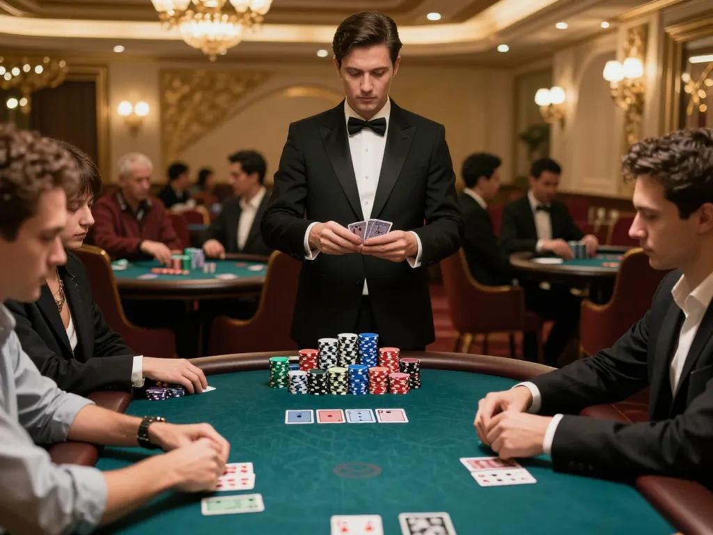 LC88 poker players competing in an upscale casino atmosphere while managing their strategies