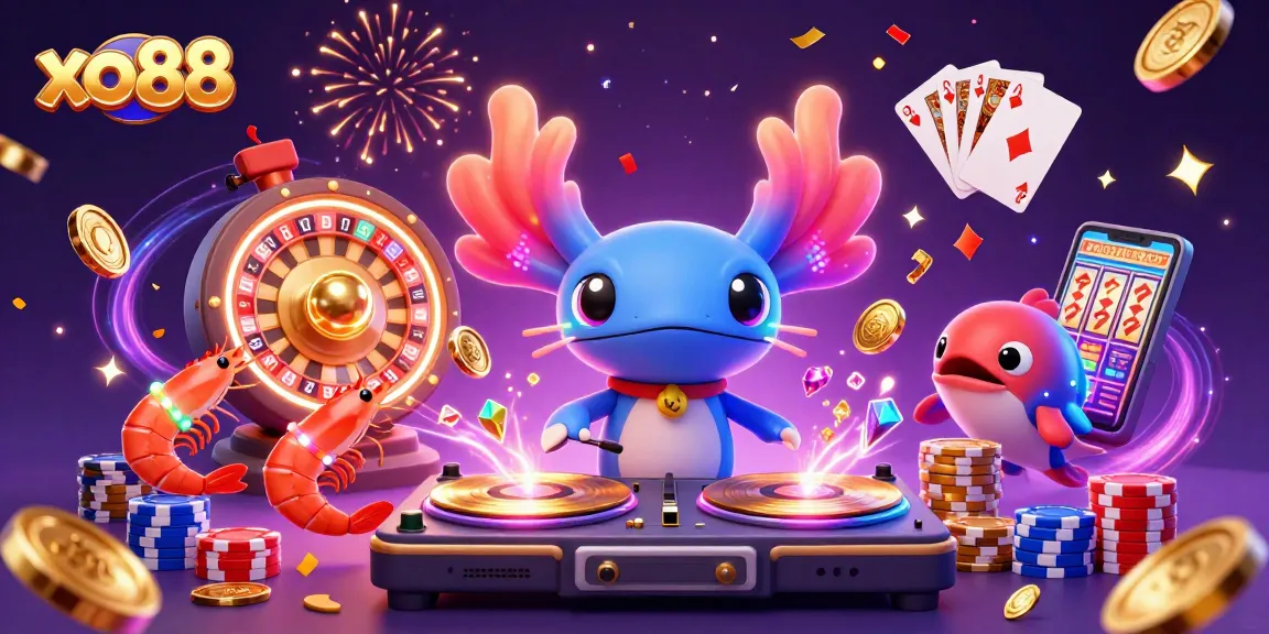 Experience the thrill of xo88 with an axolotl DJ spinning vibrant casino magic in a lively underwater scene.