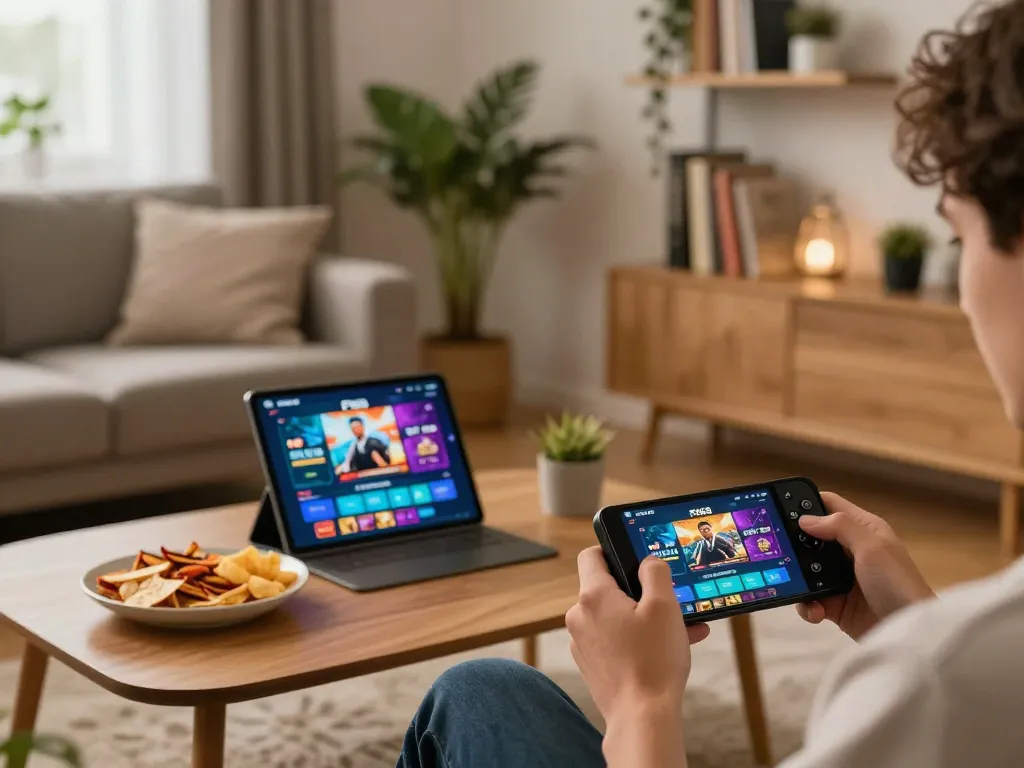 Person engaging in F168 online gambling mobile app on smartphone, showcasing home gaming atmosphere