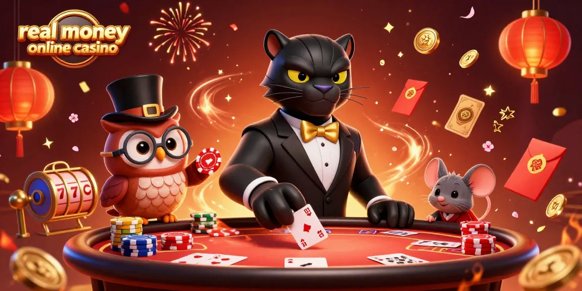 Experience a vibrant real money online casino scene with stylish characters, poker elements, and dynamic celebrations.