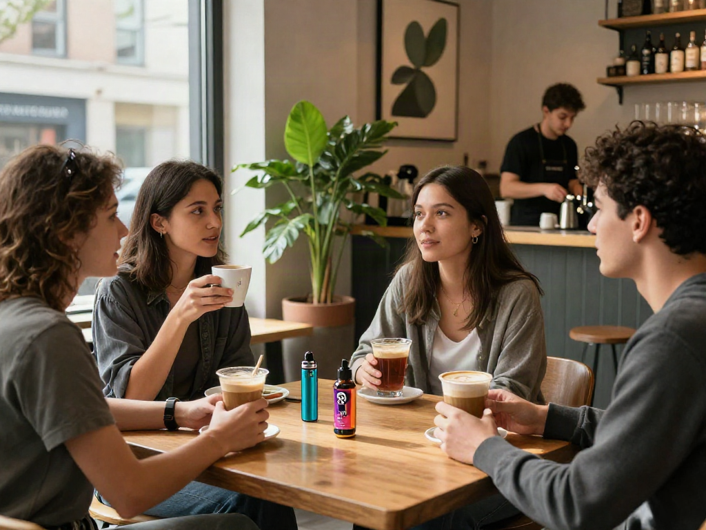 Friends enjoying rokok88 products in a trendy café environment.