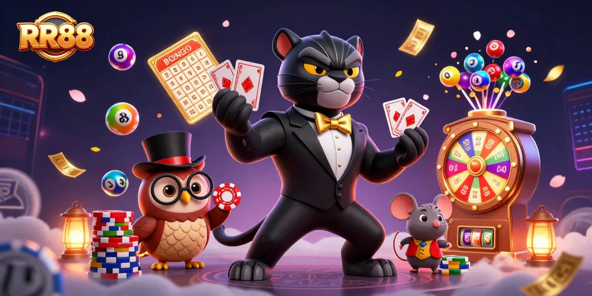 Engage with the thrilling atmosphere of RR88 where a stylish panther deals cards, with vibrant lotto elements and a monkey overseeing the action.
