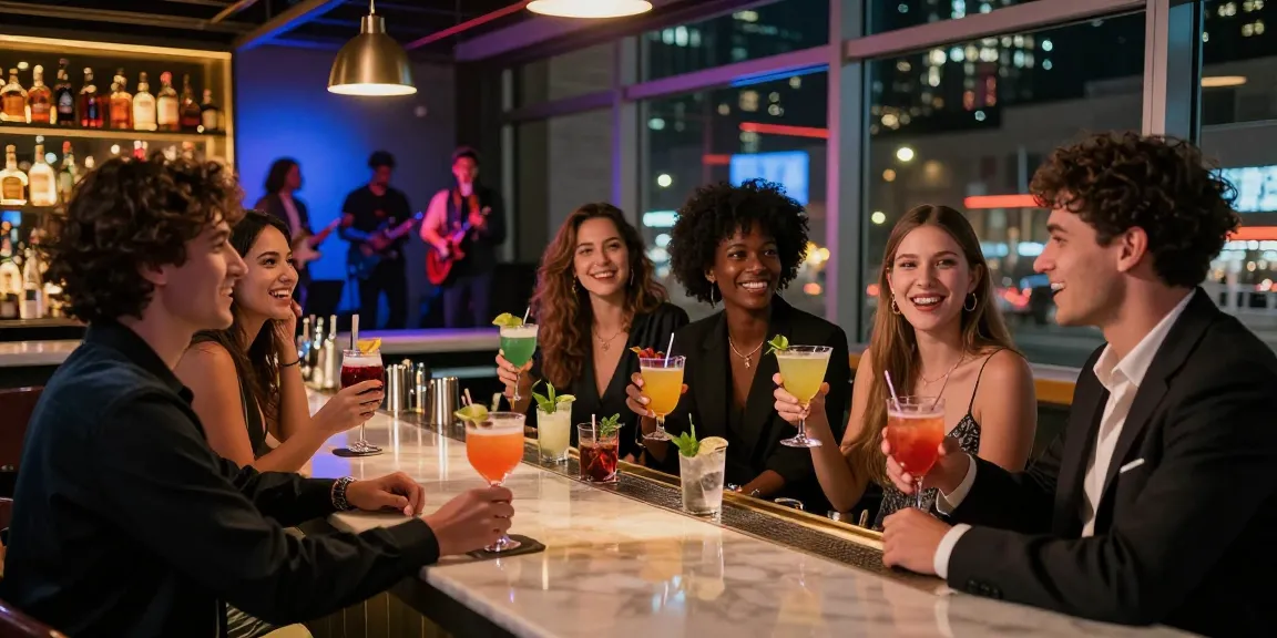 Enjoying colorful cocktails at a vibrant bar scene with rokok88 atmosphere.