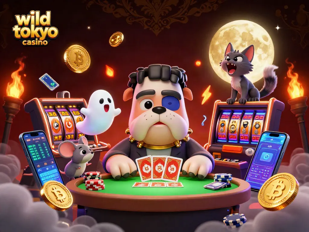 Win big at wild tokyo casino with a playful scene featuring cartoon characters, neon coins, and thrilling gaming elements.