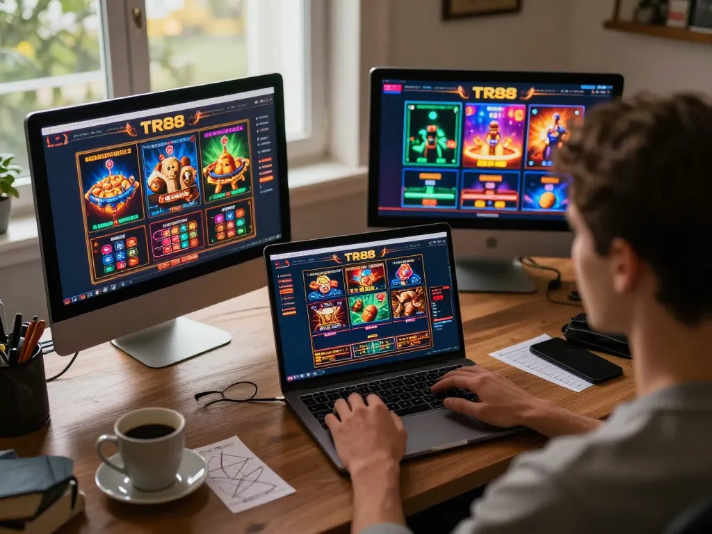 Player engaging with TR88 online casino on a laptop in a cozy home setting.