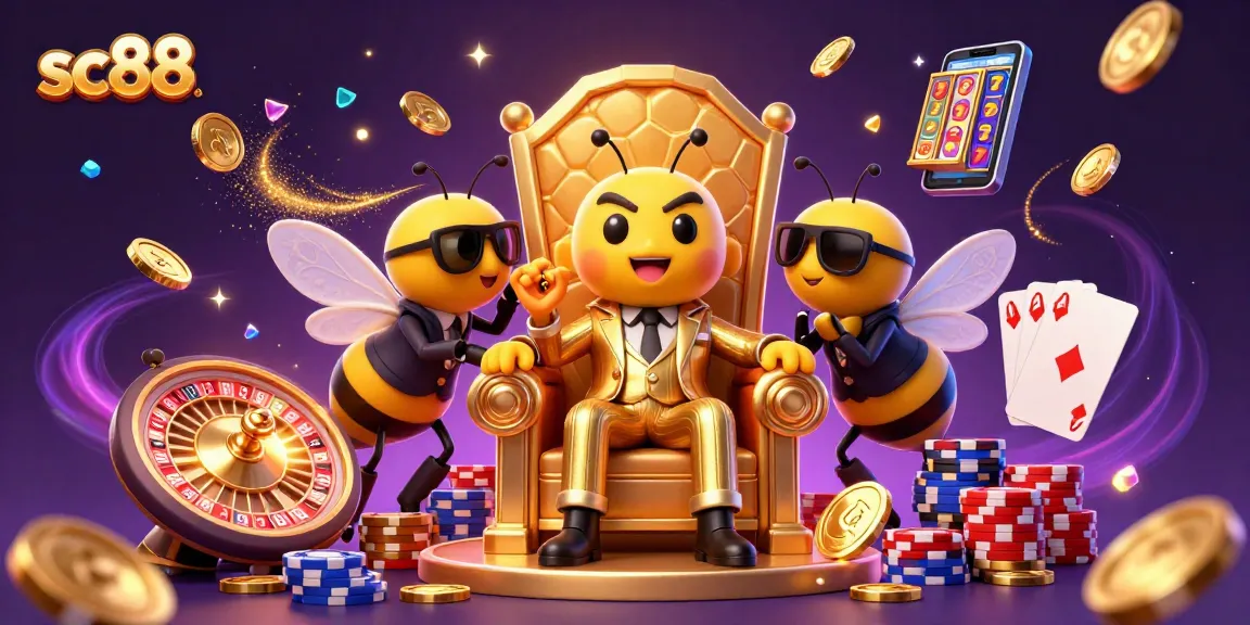 Win big at sc88 with a vibrant 3D illustration featuring a bumblebee mob boss, roulette, and gaming elements.