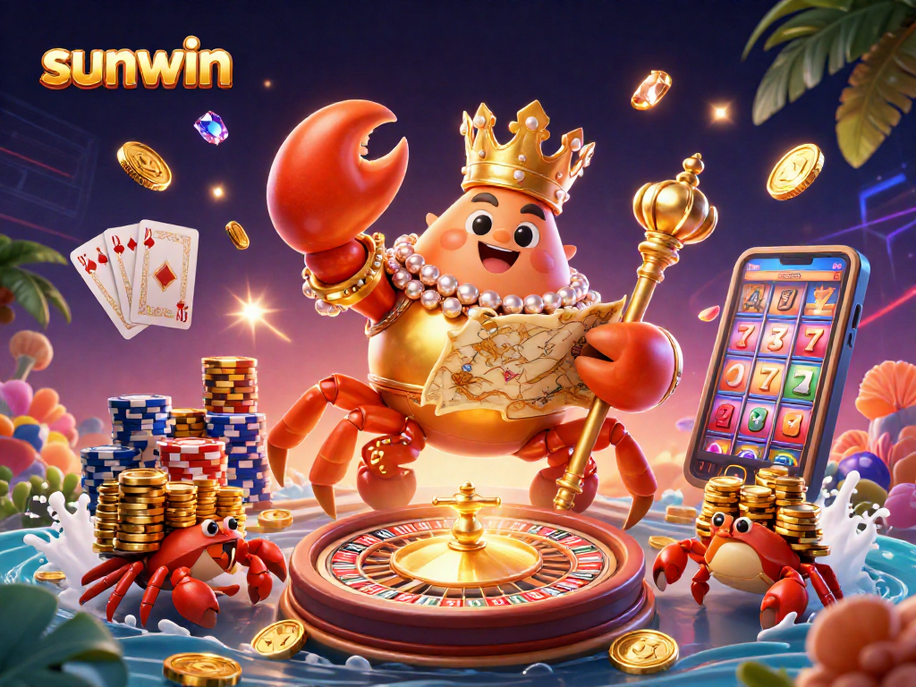 Sunwin showcases a vivid 3D scene with a golden crab emperor amidst thrilling casino elements.
