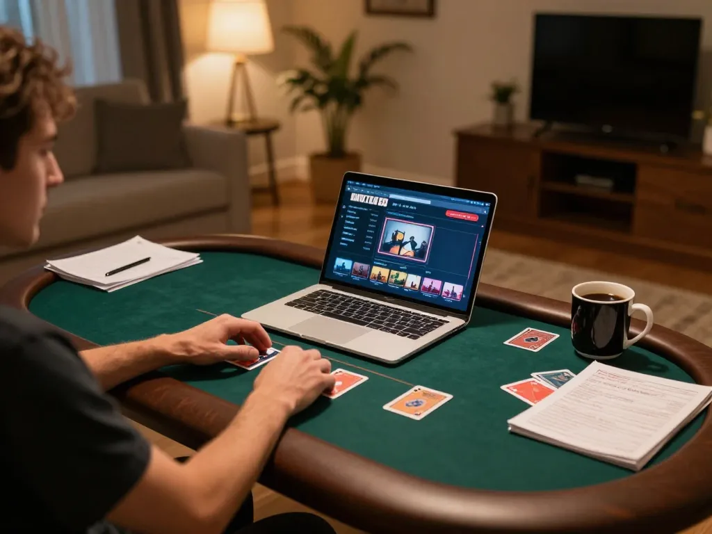 Engaged player at trang chủ 32win using laptop for online poker betting in cozy atmosphere