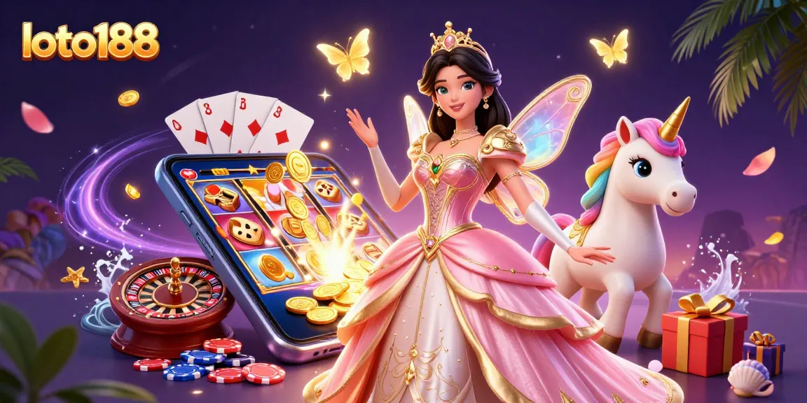 Experience exciting gaming at loto188 with a glamorous Asian woman and a golden unicorn amidst dynamic casino elements.