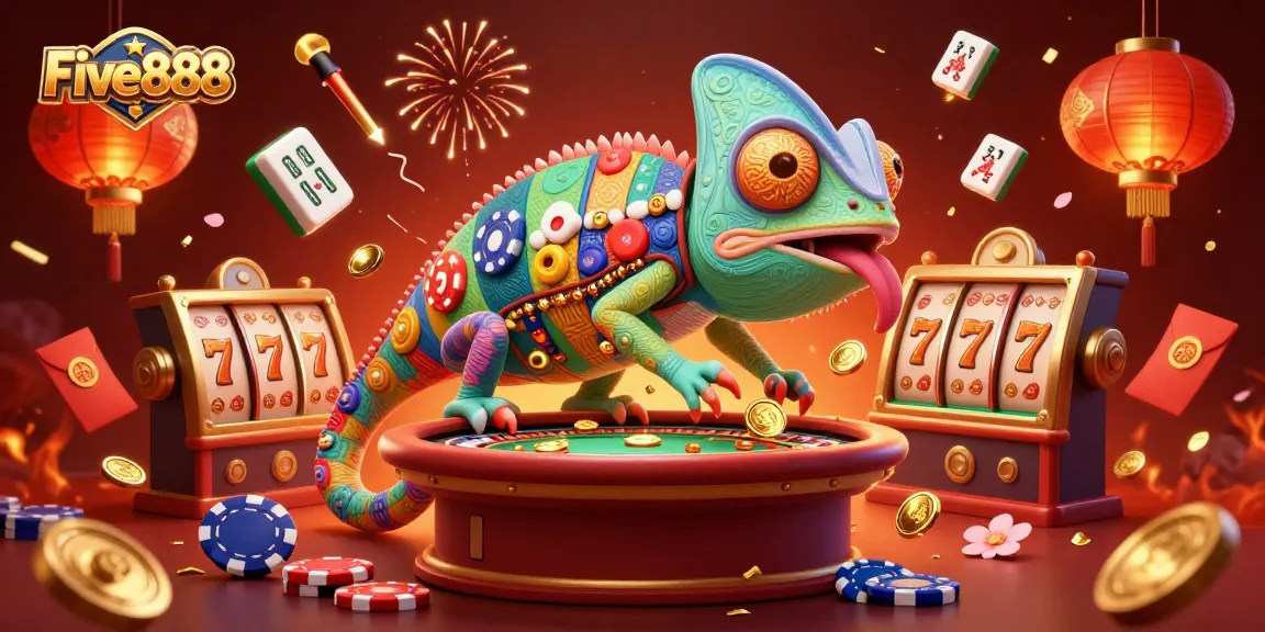 Experience the vibrant excitement of Five888 with a dynamic casino scene featuring a chameleon owner and lucky symbols.