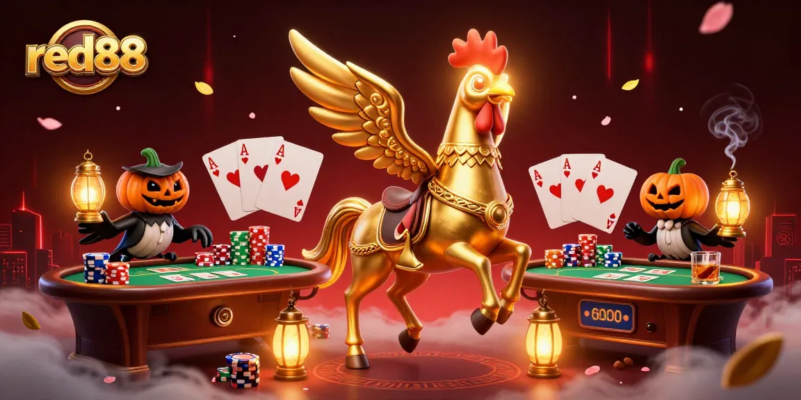 Engage in thrilling gaming at red88 with a vibrant illustration of a golden rooster in a casino.