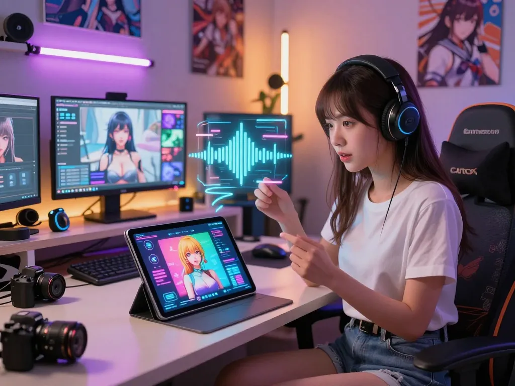 Engaging hentai ai chat scene with a user conversing with a lifelike character on a tablet, showcasing vibrant digital interaction.