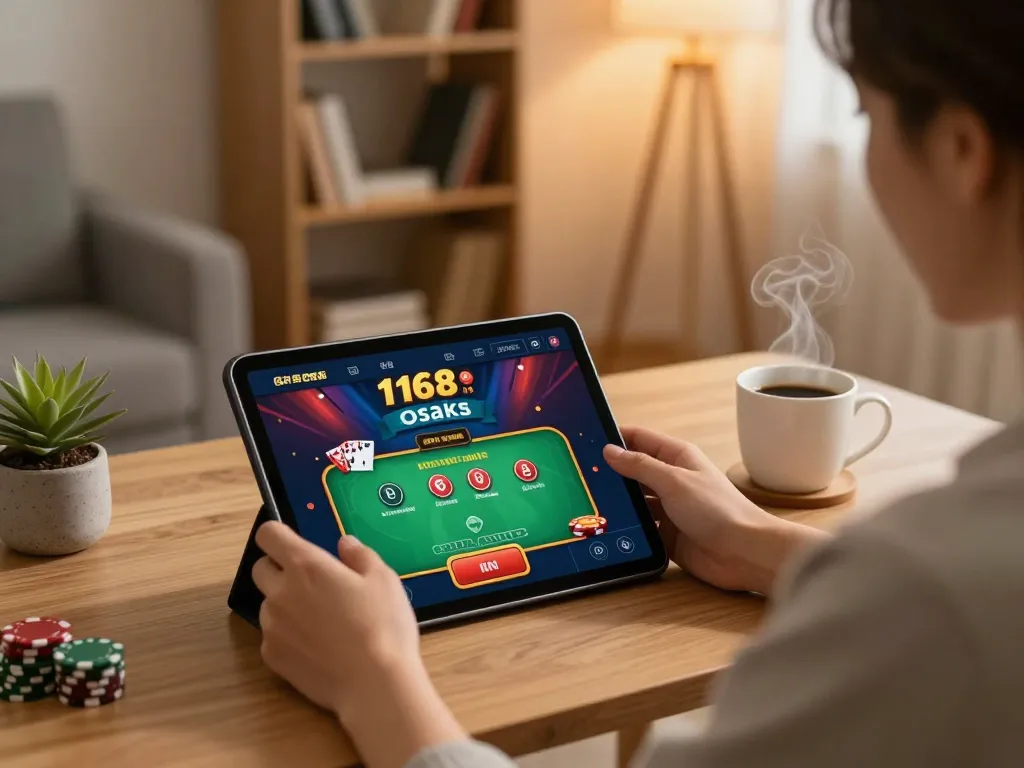 Engaging online poker gameplay on f168.osaka app in a cozy home setting with warm lighting.