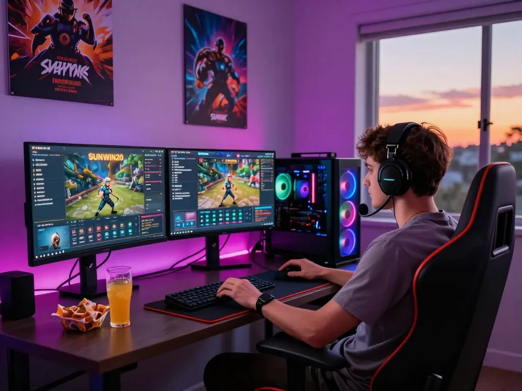 Engaging gaming setup featuring sunwin20 interface on dual monitors, vibrant atmosphere with RGB lighting.