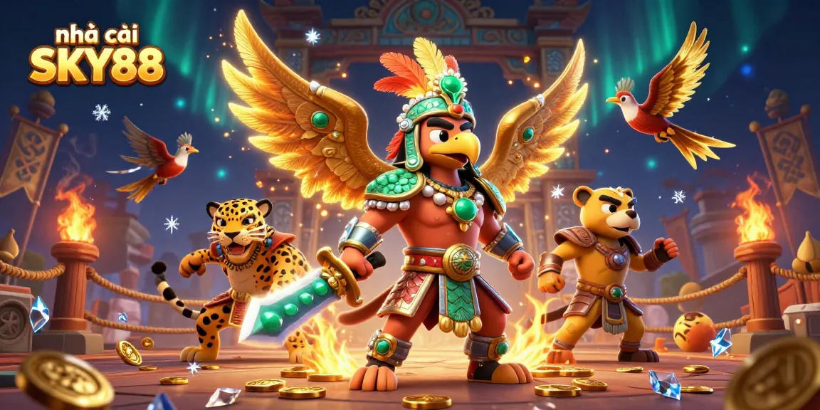 Play thrilling games at nhà cái SKY88, featuring vibrant 3D warriors and golden tokens in dynamic action.