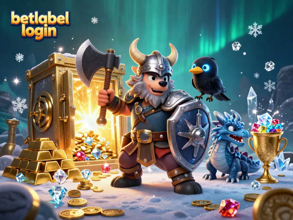 Login to betlabel with excitement, enjoying a vibrant casino-themed scene featuring wolf warriors, dragons, and treasures.