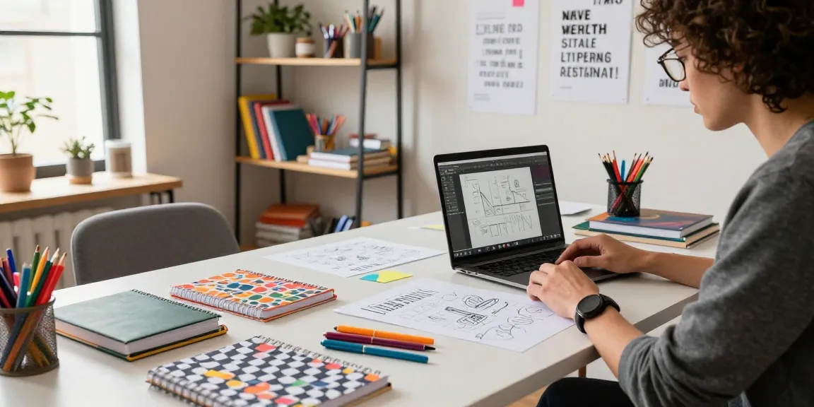 Designer working on custom printed notebooks with vibrant stationery in a creative workspace