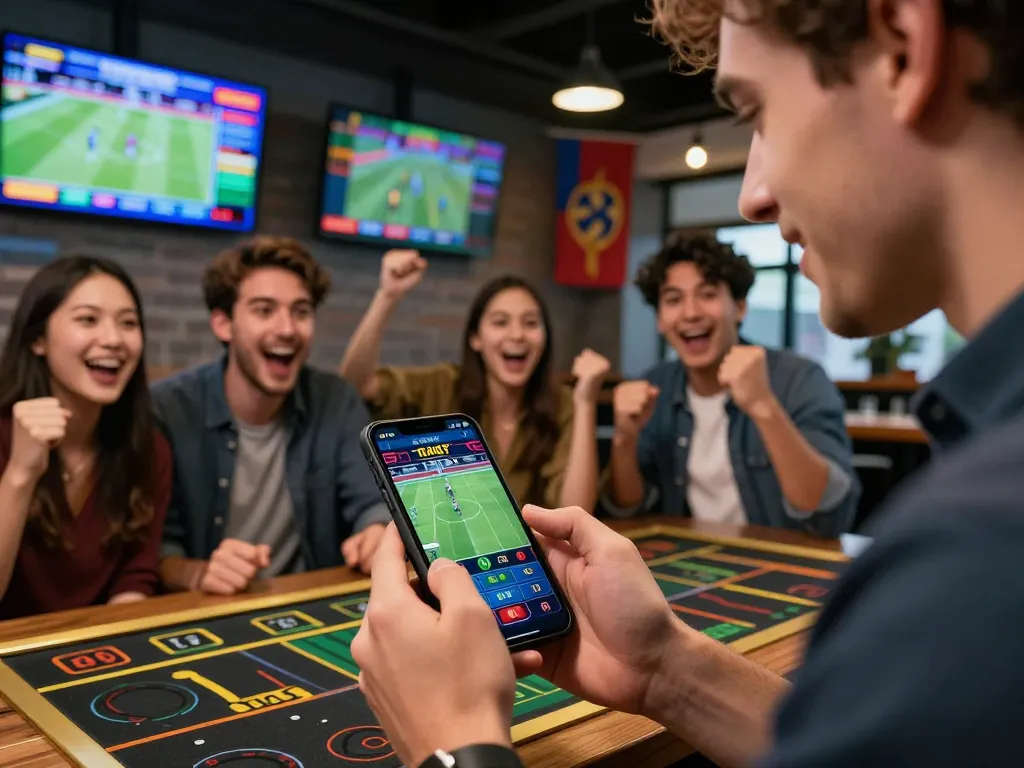 Tỷ lệ kèo nhà cái hôm nay showcased through sports betting excitement at a sports bar.