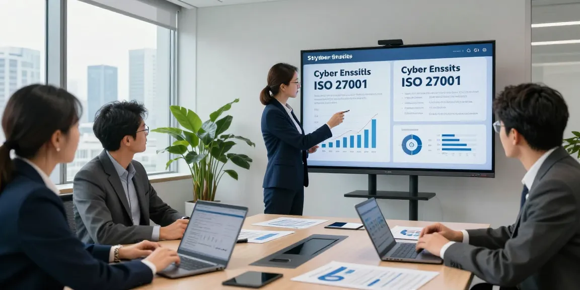 Compare cyber essentials vs iso 27001 in a professional office setting with team collaboration.