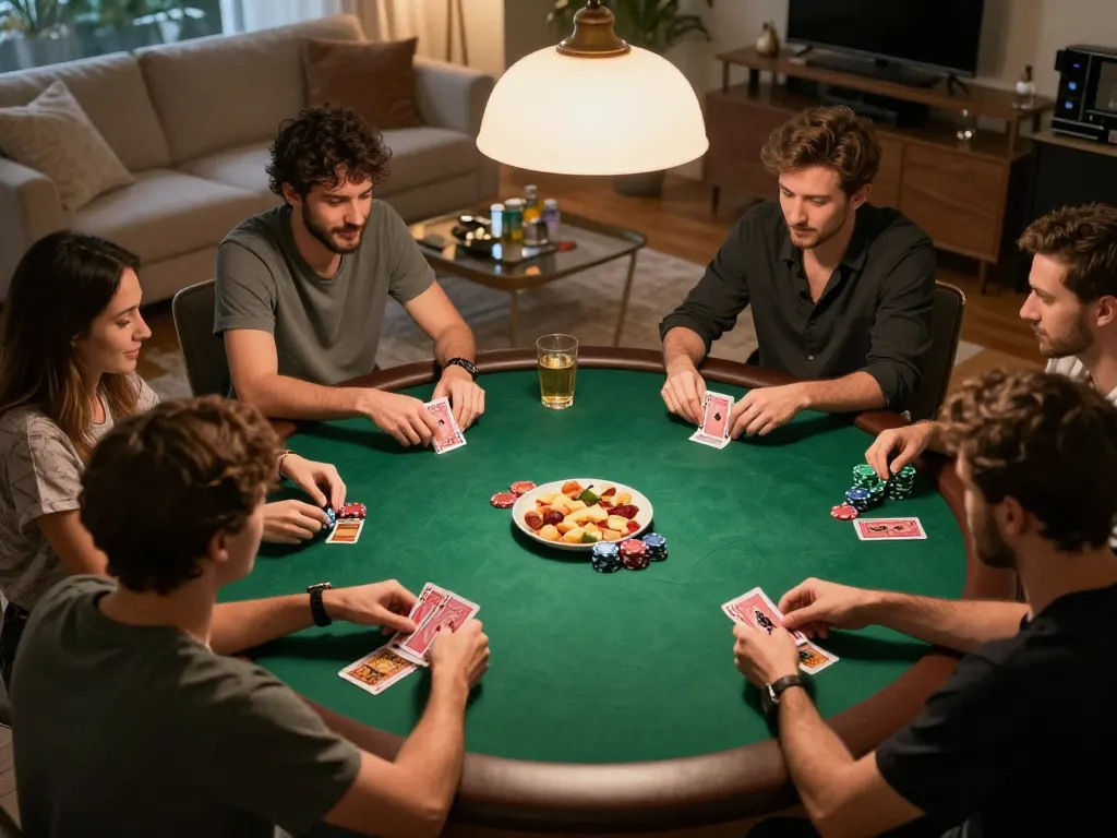 Friends enjoying a poker night at home, gaming with vipwin atmosphere and friendly competition.