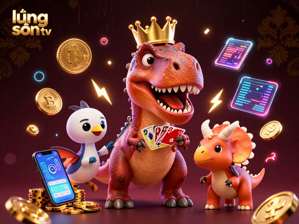 Experience thrilling gaming with lương sơn tv featuring a playful T-Rex and friends shuffling cards and stacking chips.