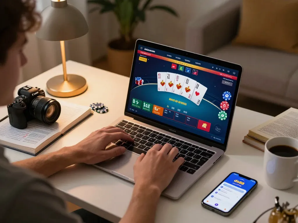 Engaging player using dn88 online casino app for a strategic poker session at home
