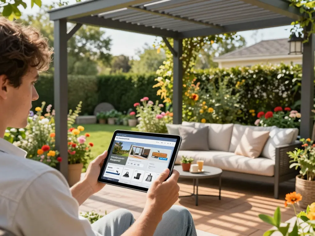 Personalizzare un configuratore pergole 3D per un design di patio moderno con un giardino vibrante e luce solare.