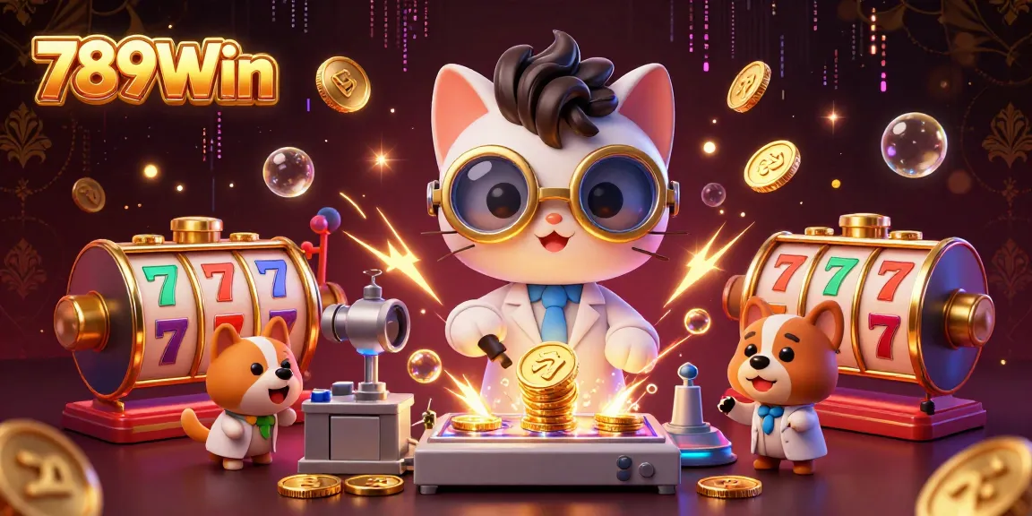 Experience the excitement of 789Win with a dynamic 3D illustration featuring slot reels and playful characters.