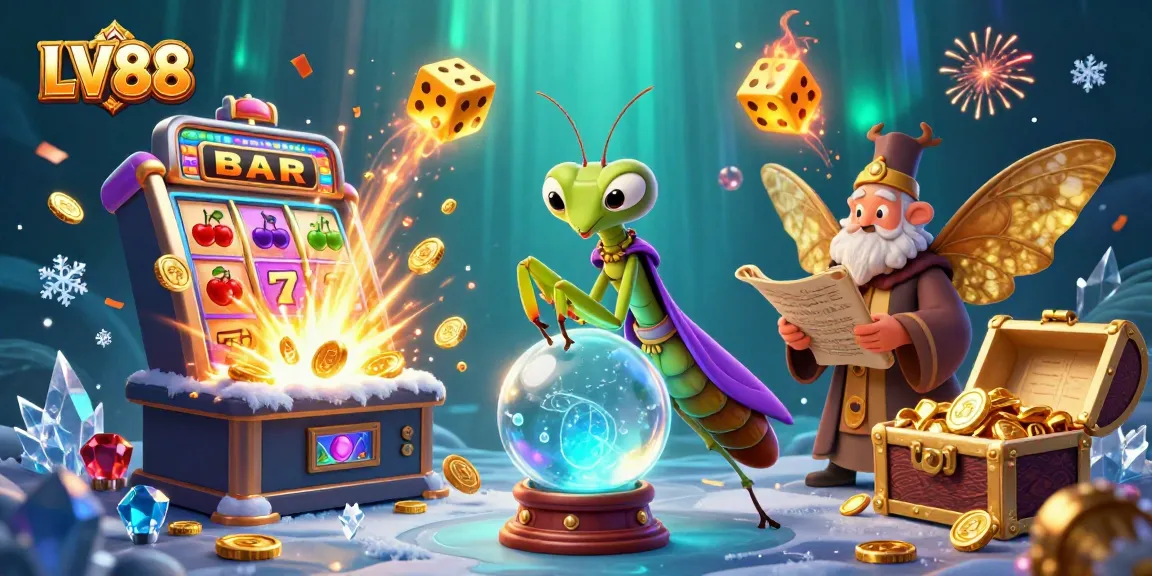 Spin the reels with LV88's engaging slot games featuring a dynamic scene of fortune tellers and jackpots.