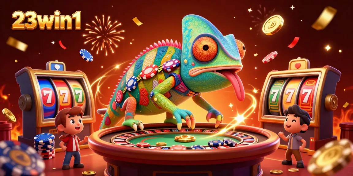 Play exciting games at 23win1 while the chameleon casino owner snaps gold coins in a vibrant casino scene.