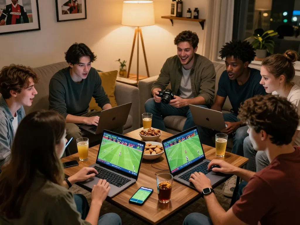 Friends enjoying sports betting through 88vv in a lively living room setup.