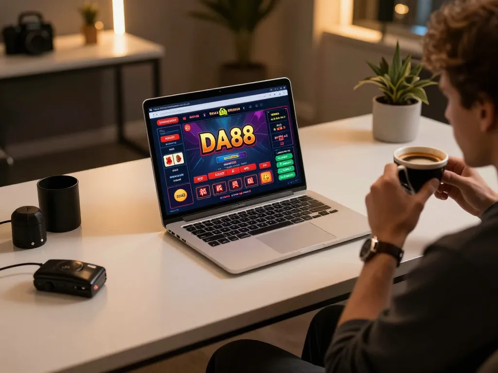 Engaging with DA88 casino on a stylish laptop, showcasing online gambling strategy and comfort