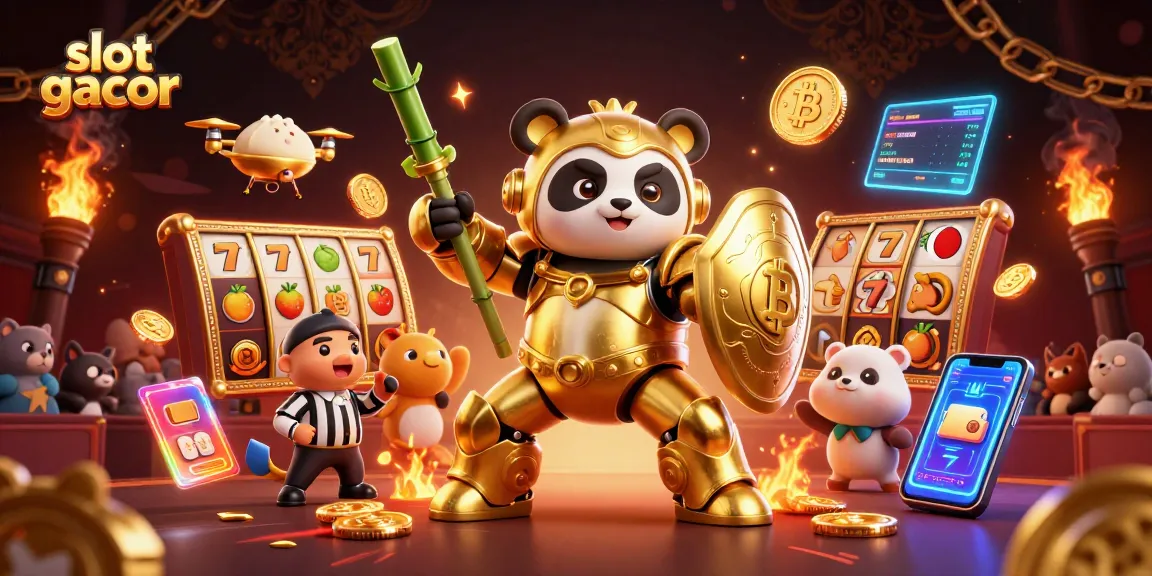 Berpartisipasi dalam slot gacor dengan panda emas dan robot gaya bambu dalam arena penuh semangat.