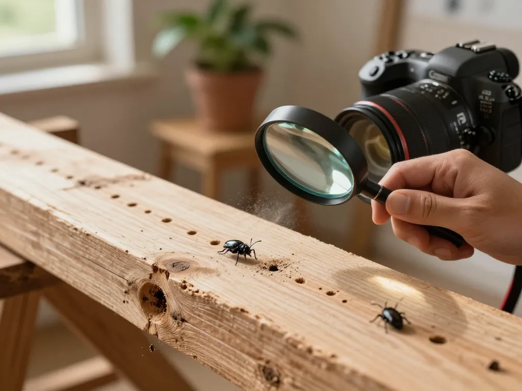 Ispezione dei coleotteri del legno che evidenzia danni al legno con polvere e fori di uscita
