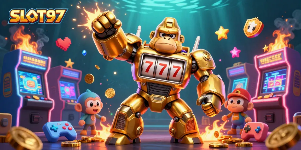 SLOT97's golden gorilla mech bursts coins joyfully while capturing the spirit of dynamic gaming fun