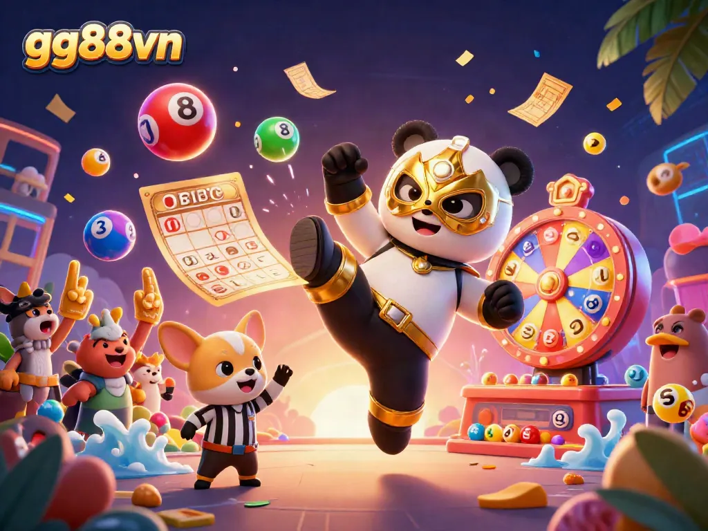 Engage with gg88vn in a vibrant 3D casino scene with colorful lottery elements and enthusiastic characters.