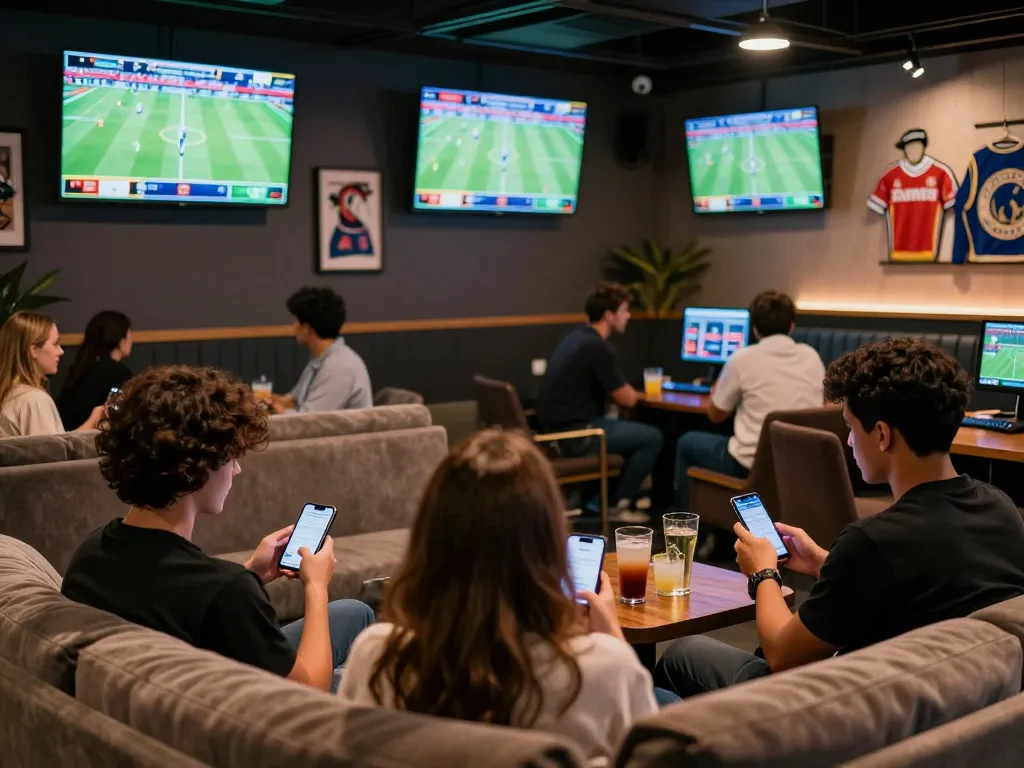8live patrons betting on sports events in a lively lounge environment