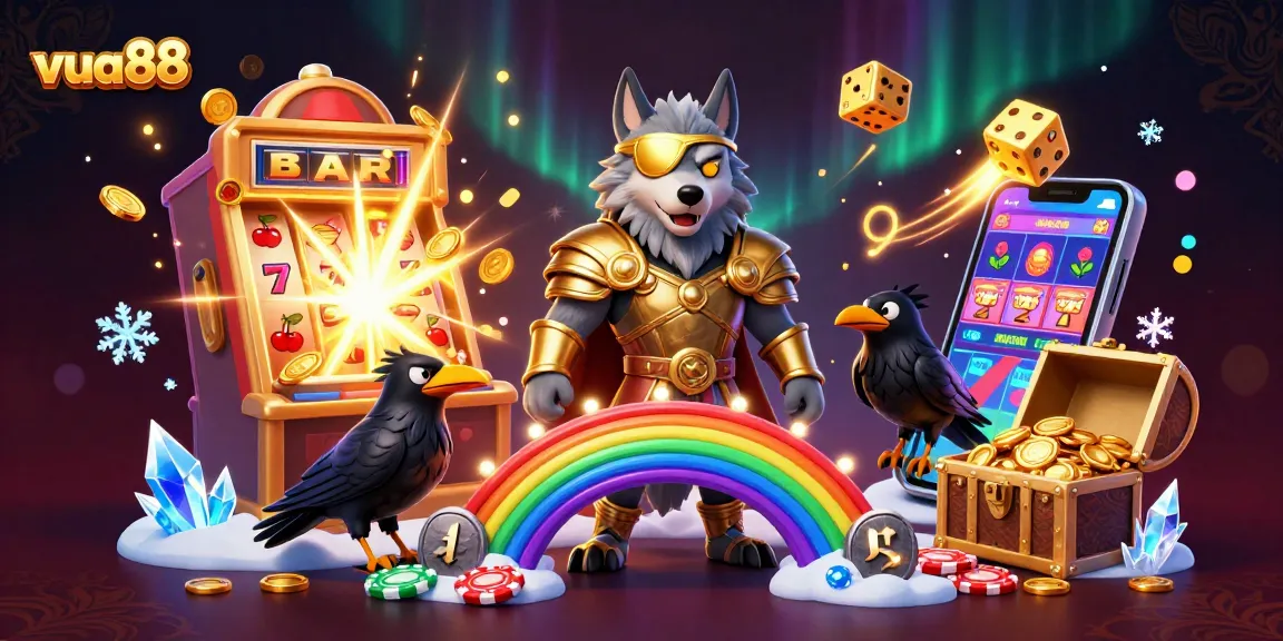 Engage with vua88's dynamic casino experience featuring Odin and ravens on a rainbow bridge of casino chips.