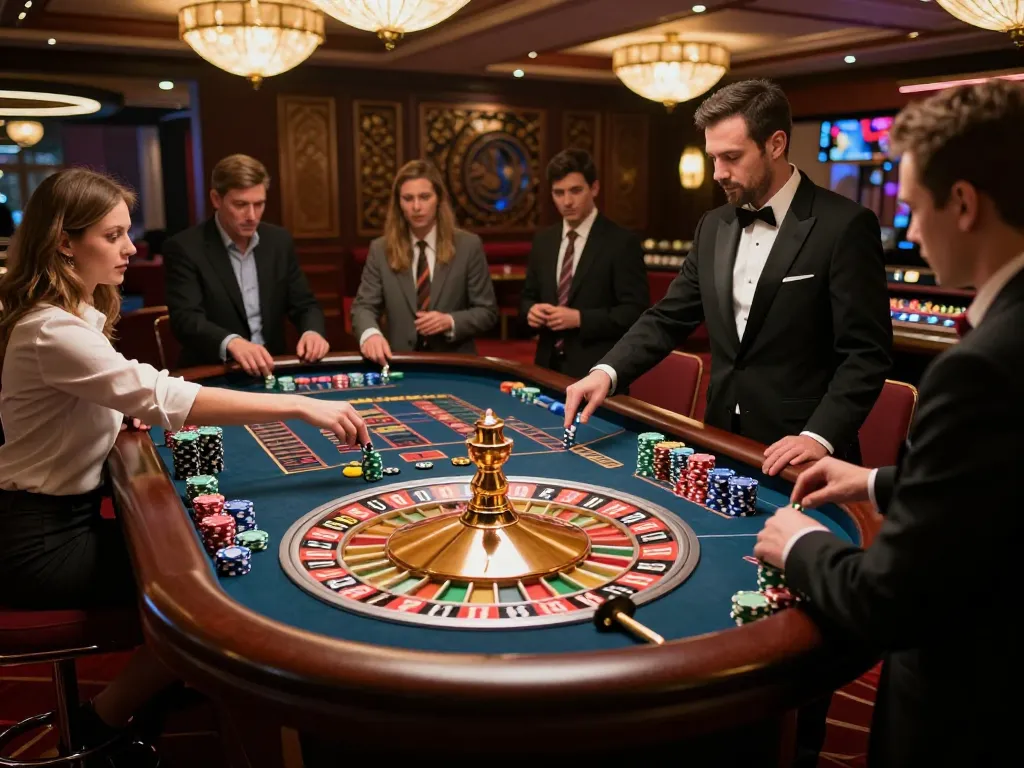 Players engage in thrilling roulette game at rusuntogel; sophisticated casino atmosphere enhances excitement.