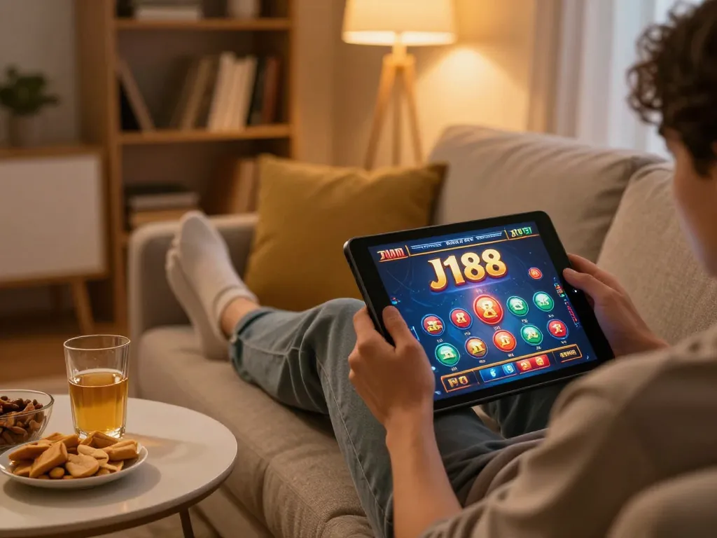 Enjoying J188 online casino gaming on a cozy sofa during an entertaining session.