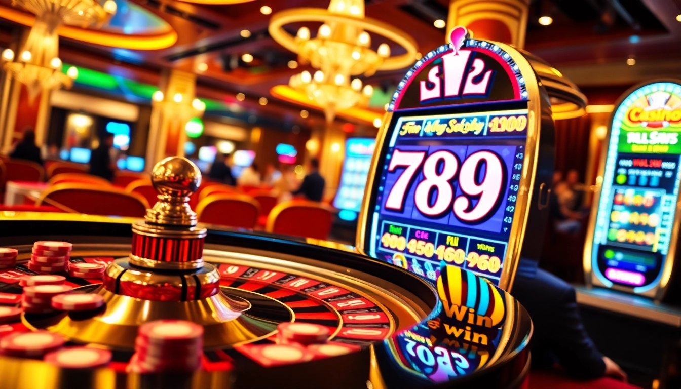 A dynamic casino scene showcasing the excitement of 789 win with a roulette table, poker chips, and a slot machine.